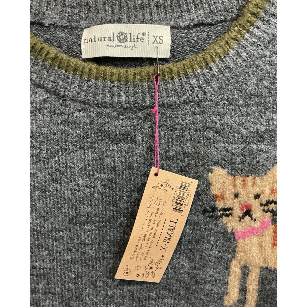 Natural Life Intarsia Tabby Cat Crewneck Sweater Whimsical Cottagecore XS NWT - Picture 4 of 5